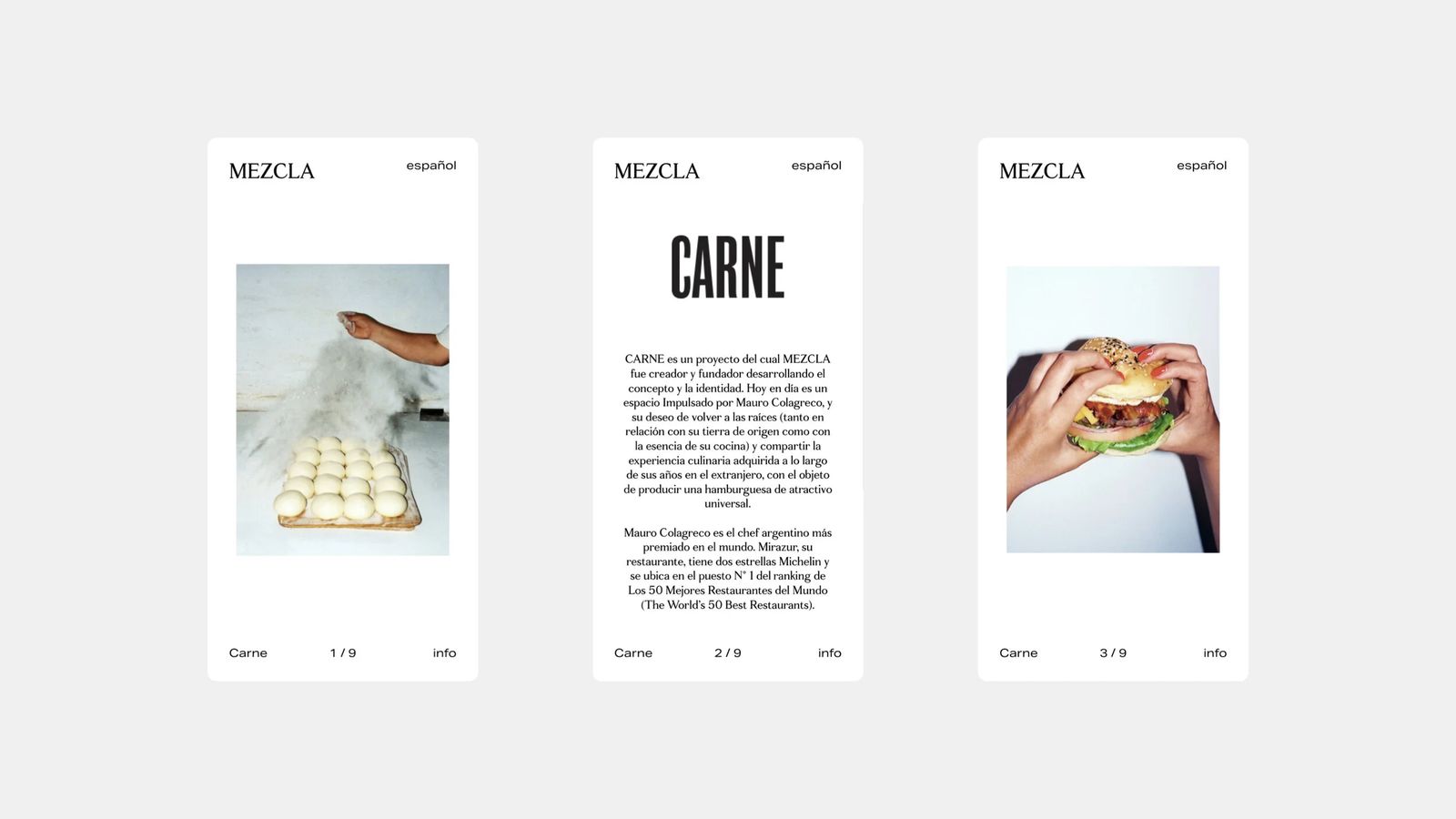 Three Mezcla mobile website screens for Carne