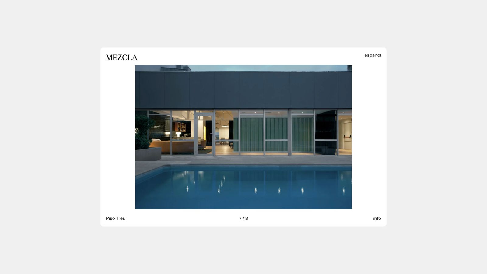 Mezcla website gallery page showing a pool at dusk