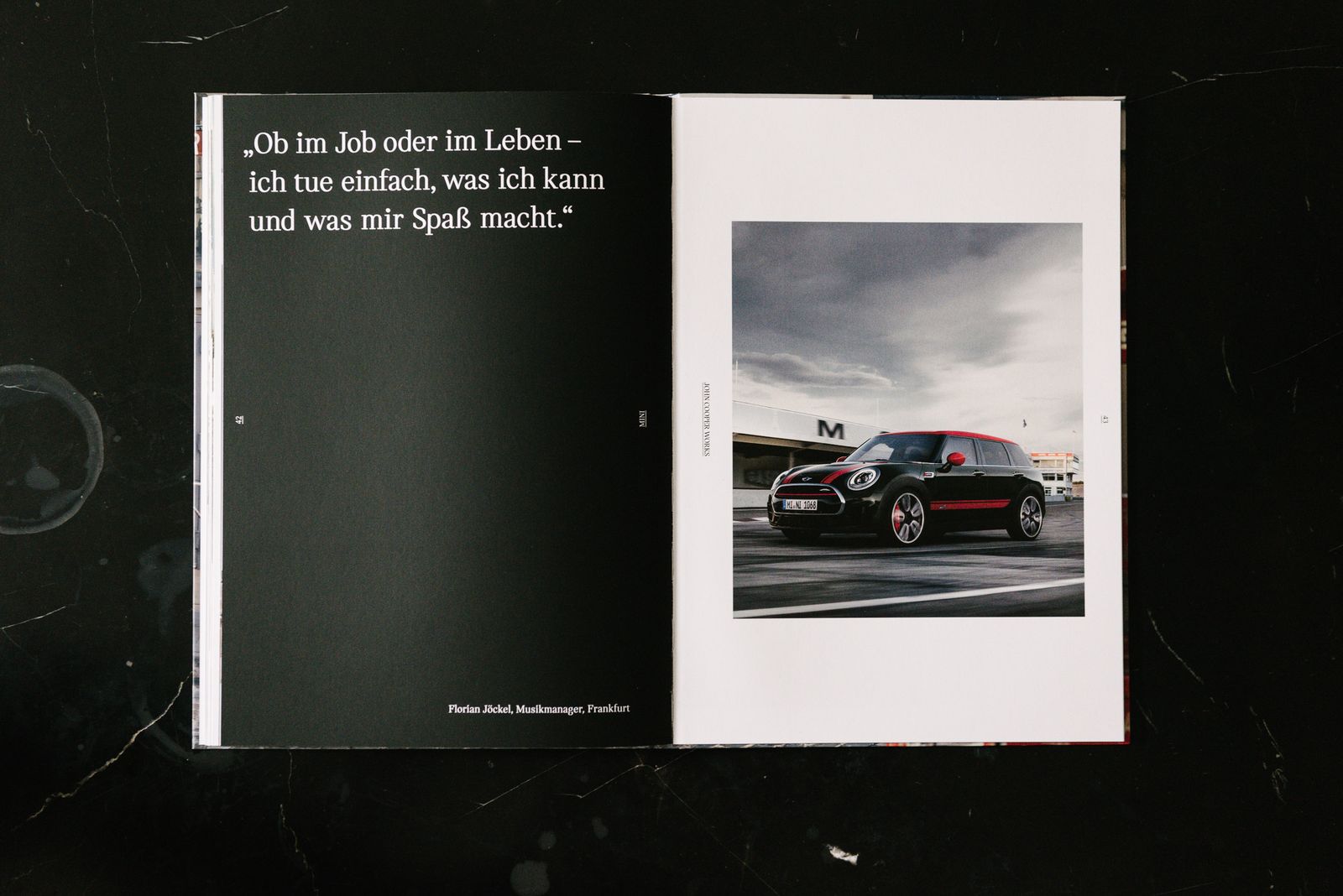 MINI Lookbook spread with a pull quote and a black MINI on the road