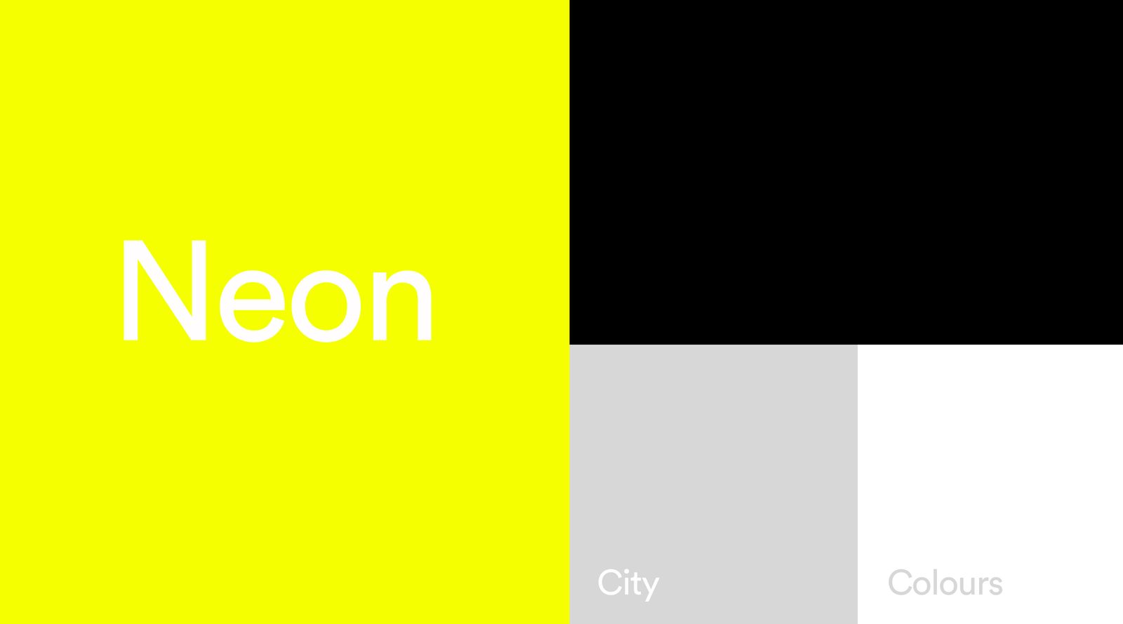 The Sooner Now colour palette, neon yellow with black, grey and white city colours