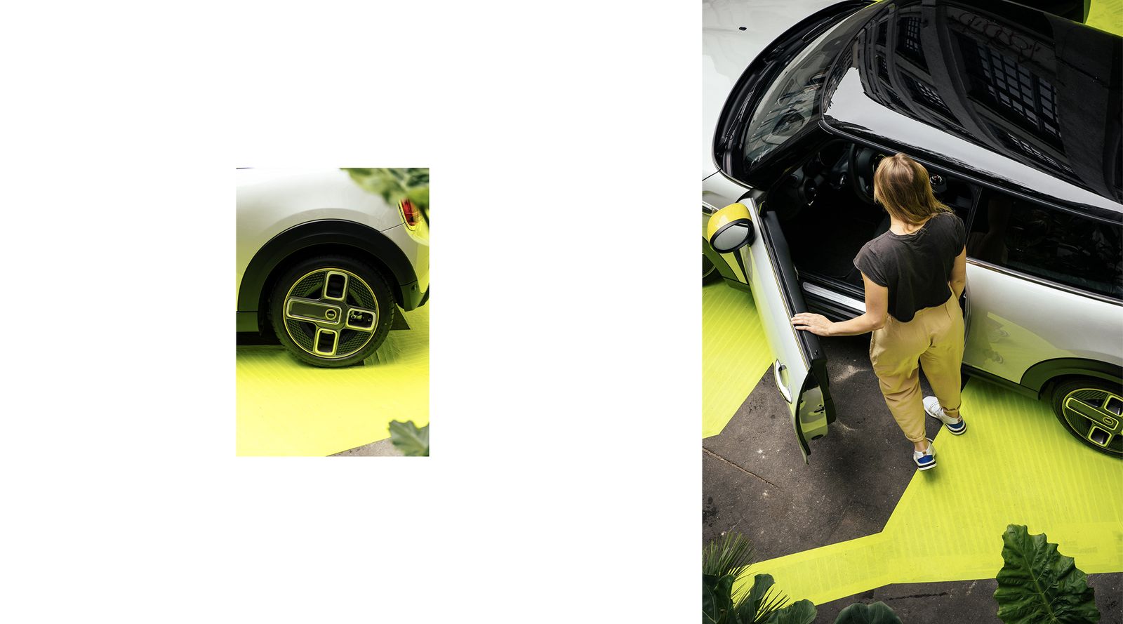 MINI Electric wheel detail and a guest opening the car door on neon yellow tape