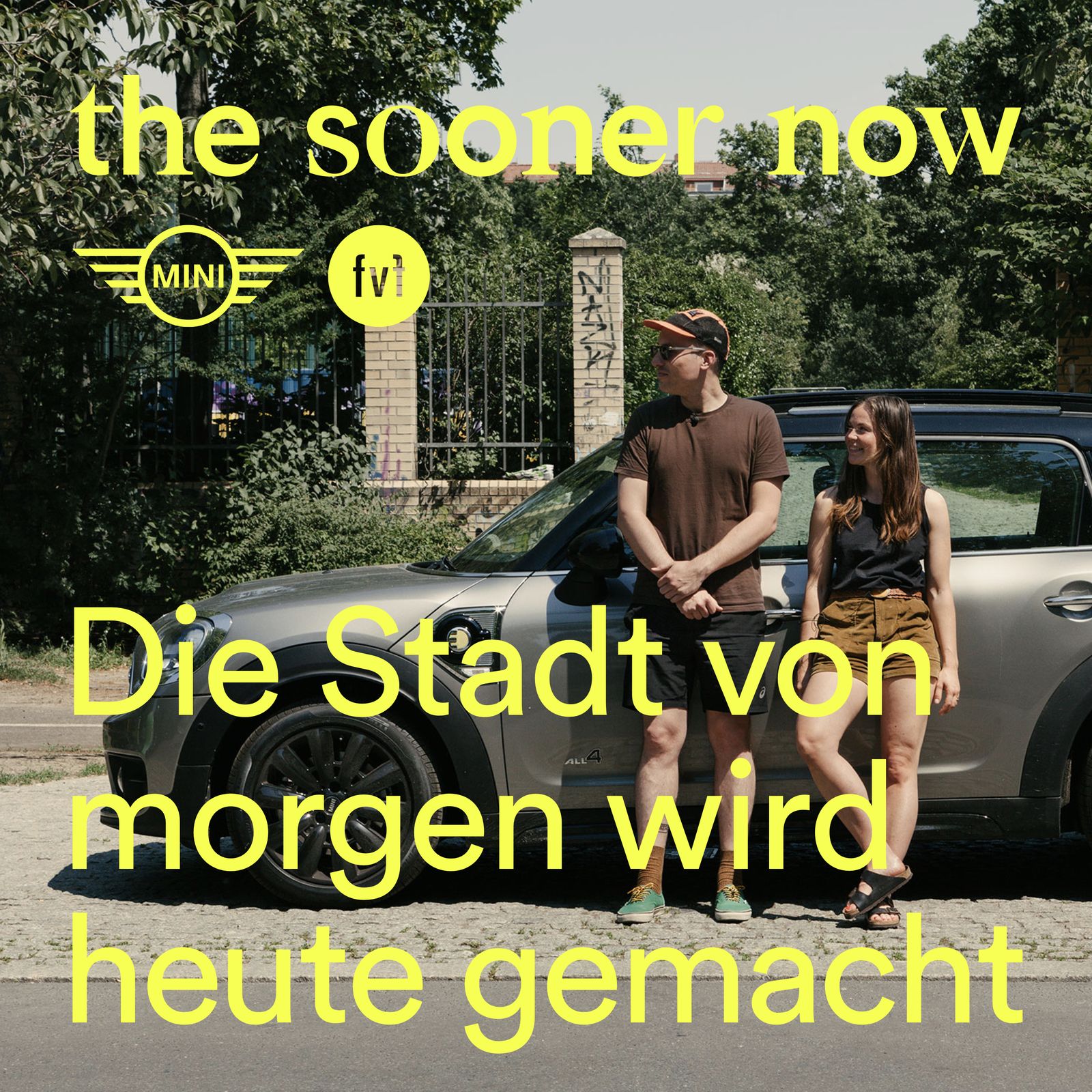 The Sooner Now podcast cover with neon yellow type over a street portrait