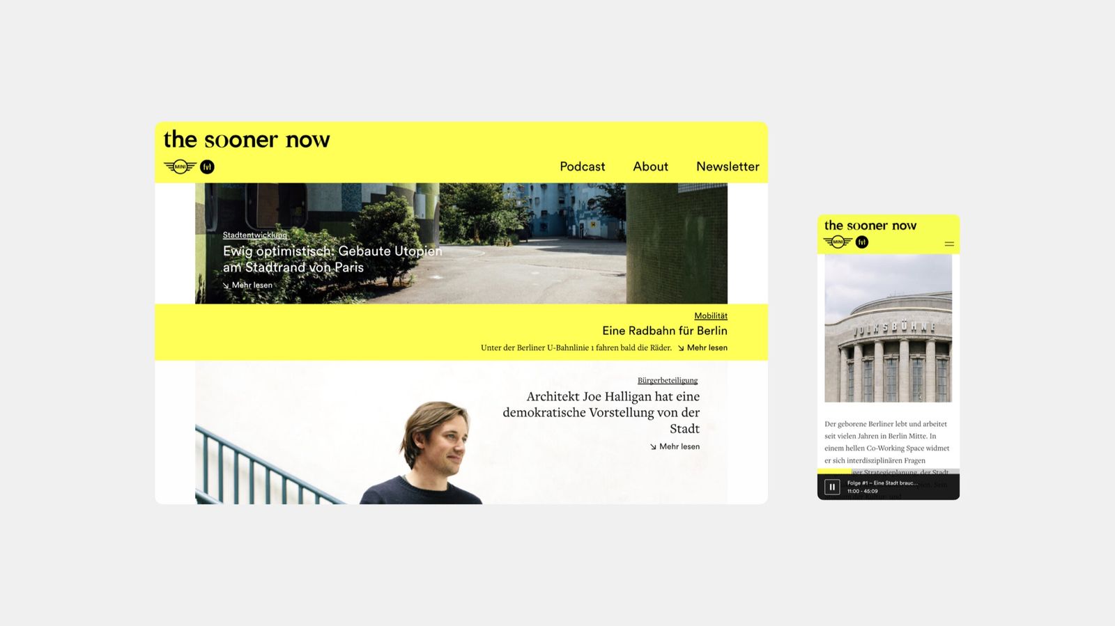 The Sooner Now website article pages on desktop and mobile