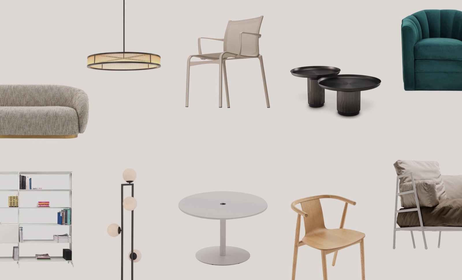 Mizzuni furniture collection of chairs, sofas, tables, shelving and lamps on a warm off-white background