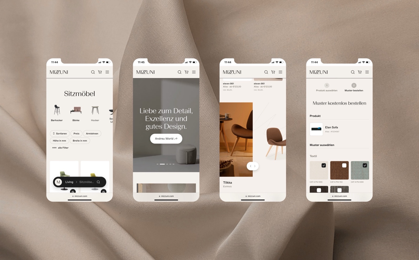 Four Mizzuni mobile website screens showing category, campaign, product and free sample pages