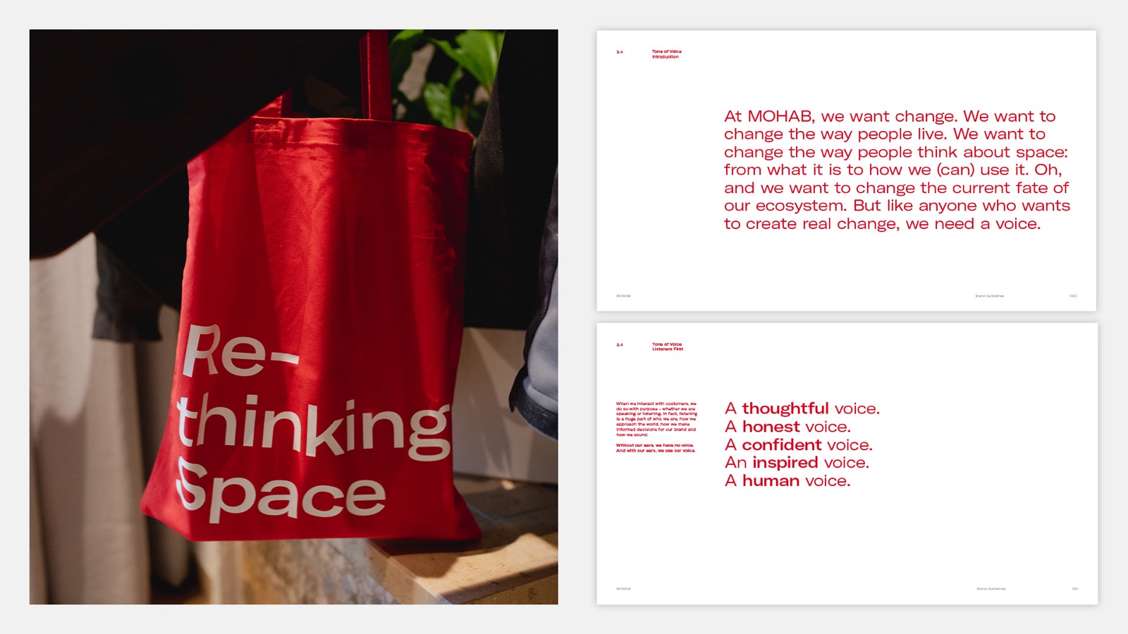 MOHAB tone of voice slides next to a red Rethinking Space tote bag