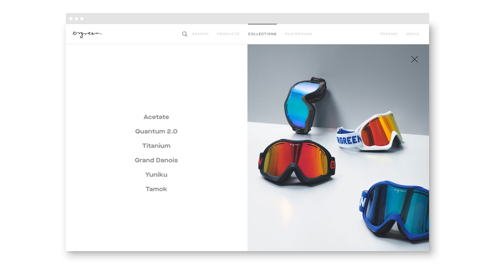 Ørgreen website collections menu next to a photo of ski goggles