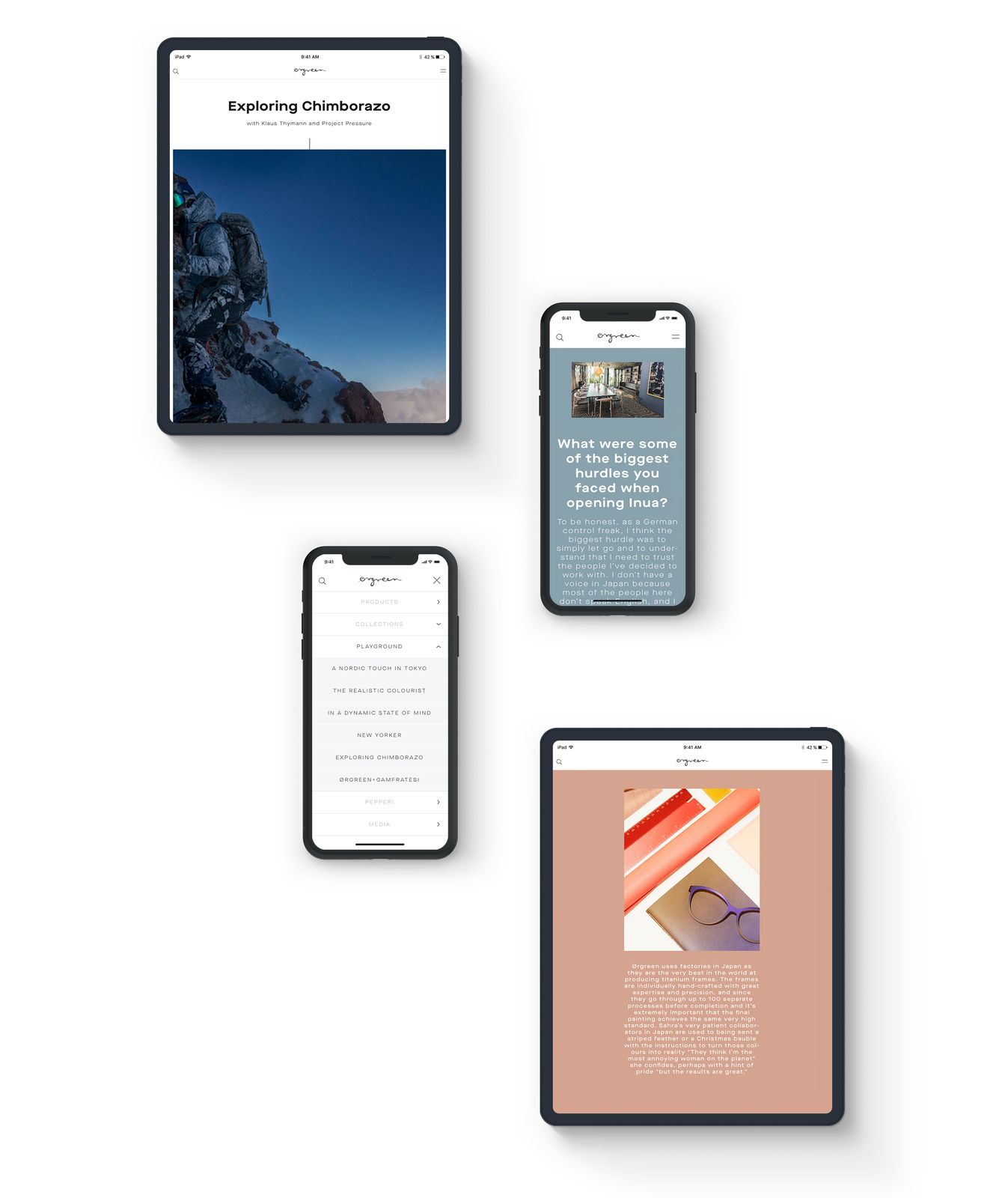 Ørgreen website pages on two iPads and two iPhones, including the Exploring Chimborazo story