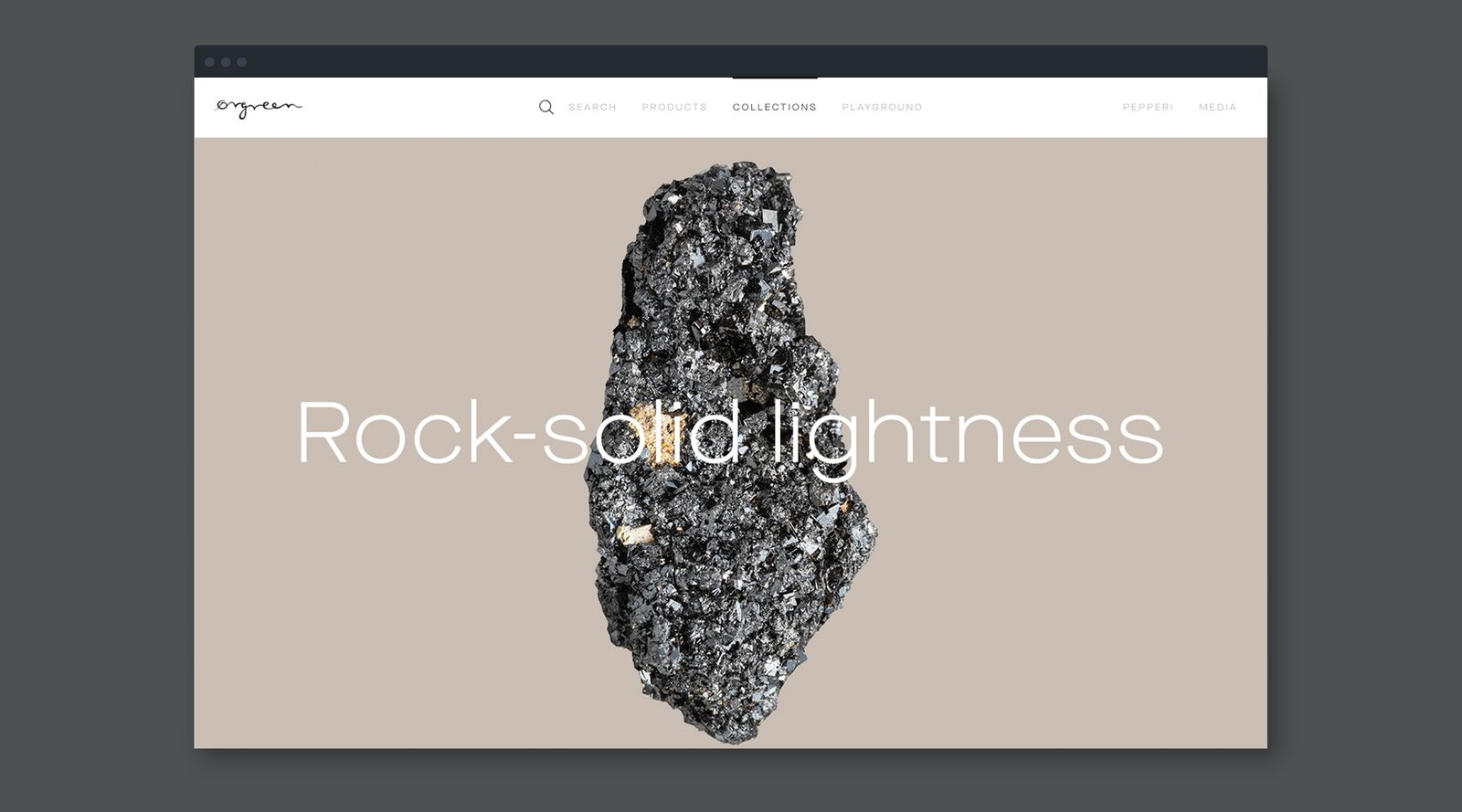 Ørgreen website in a browser window with the headline Rock-solid lightness over a mineral stone