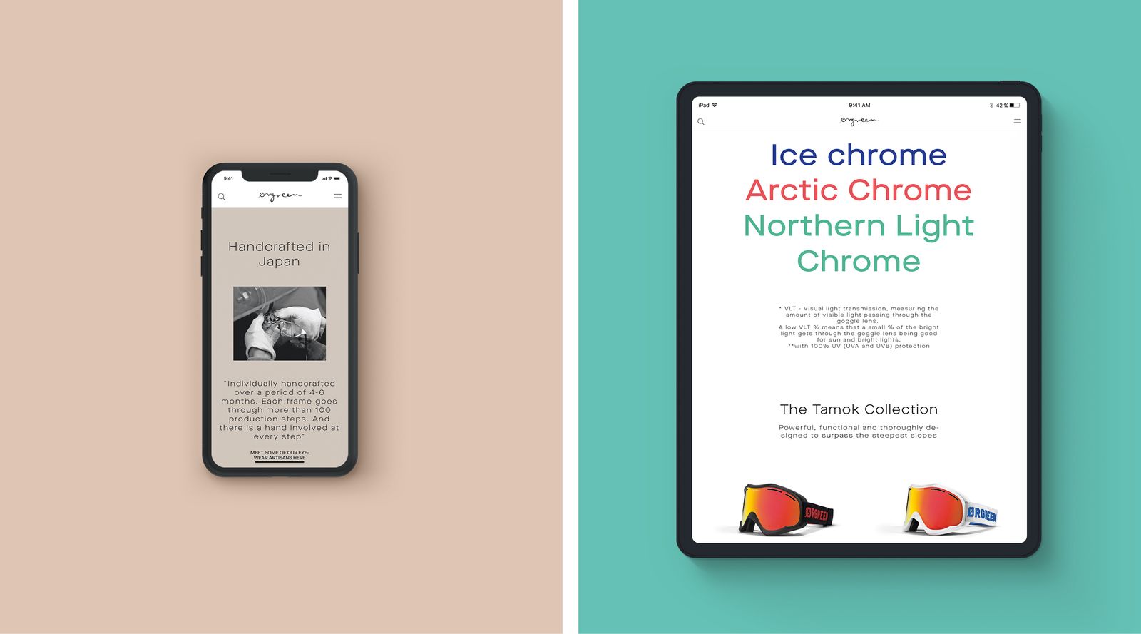 Ørgreen Tamok goggle pages on iPhone and iPad over sand and turquoise colour fields