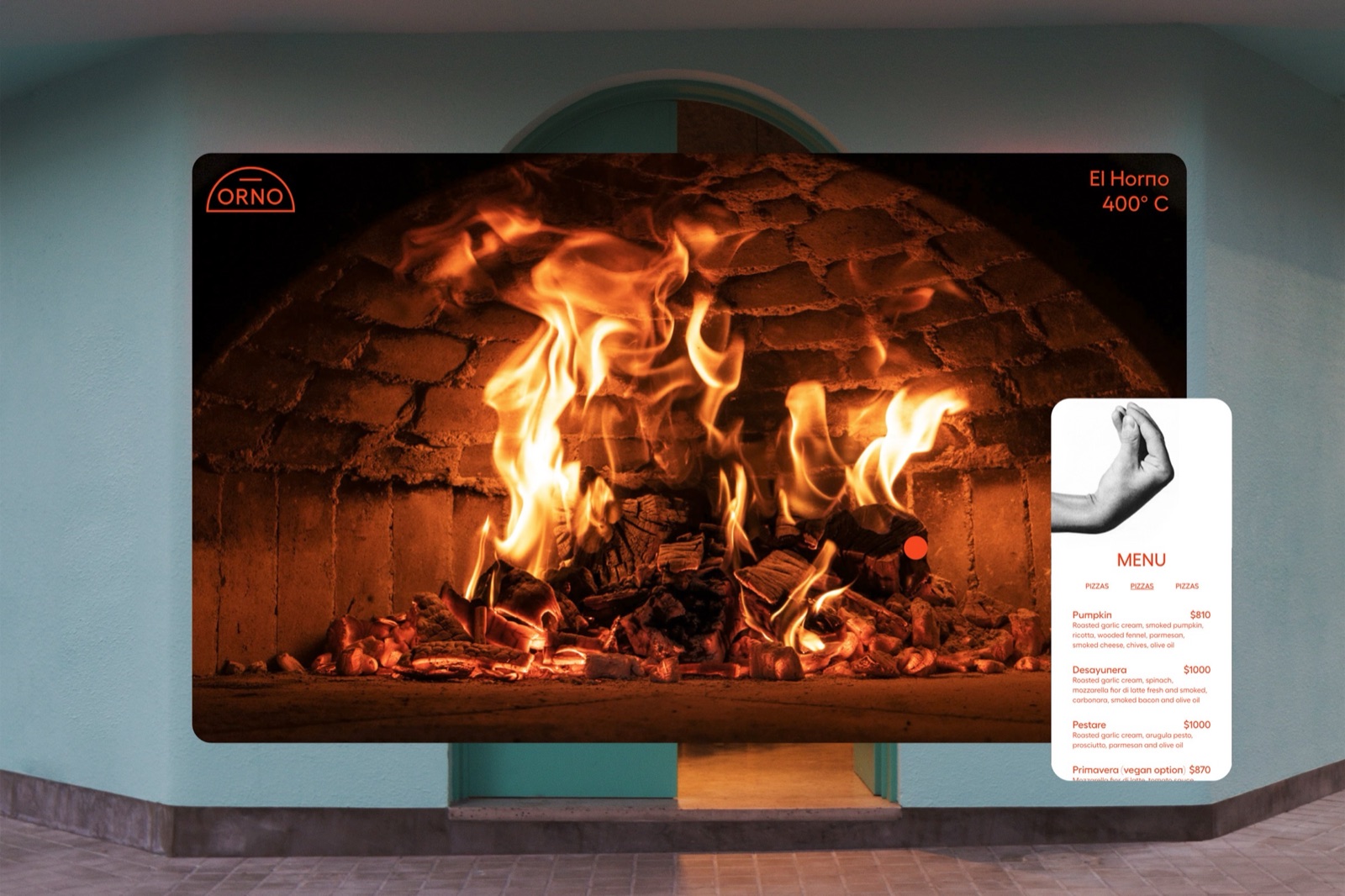 ORNO website with the wood-fired oven and the mobile menu