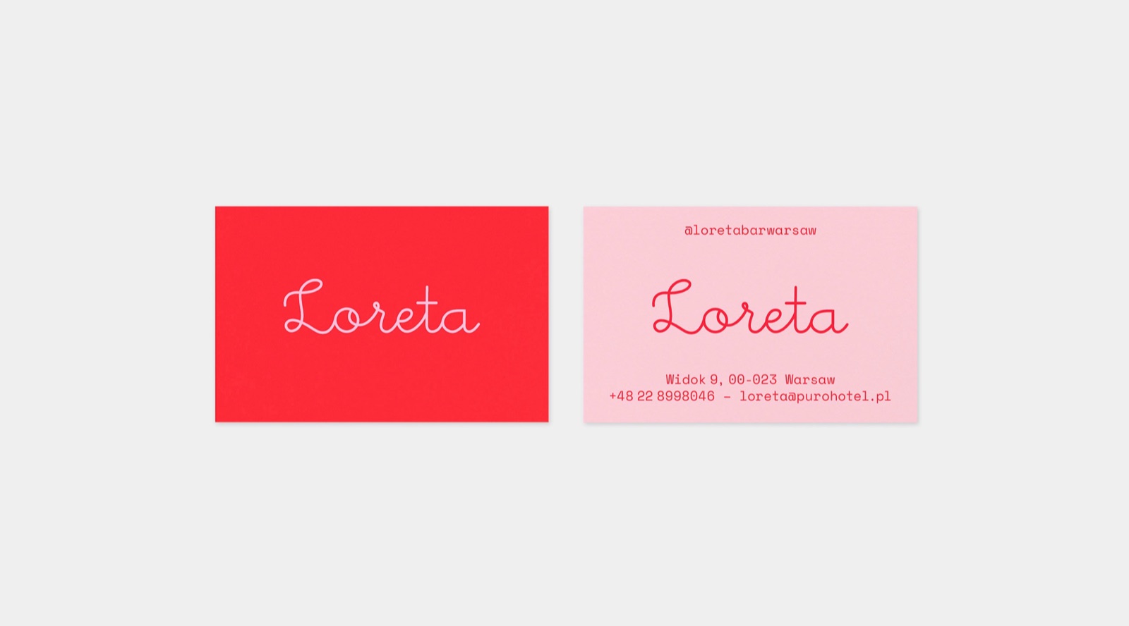Loreta business cards in hot red and light pink