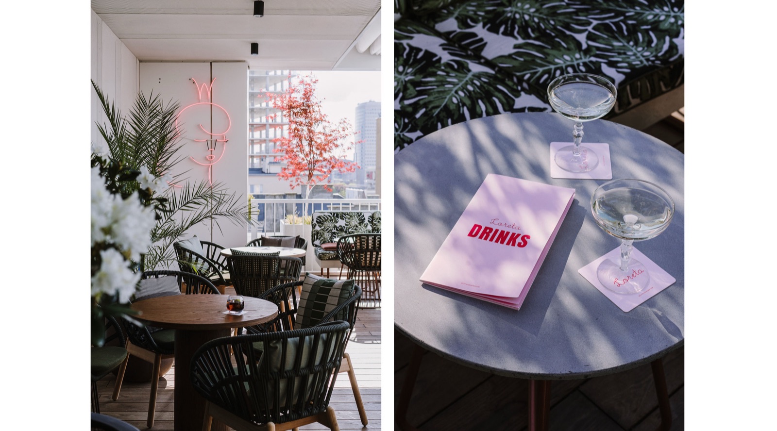Loreta terrace seating with Warsaw view and Loreta Drinks menu on a table with coupe glasses