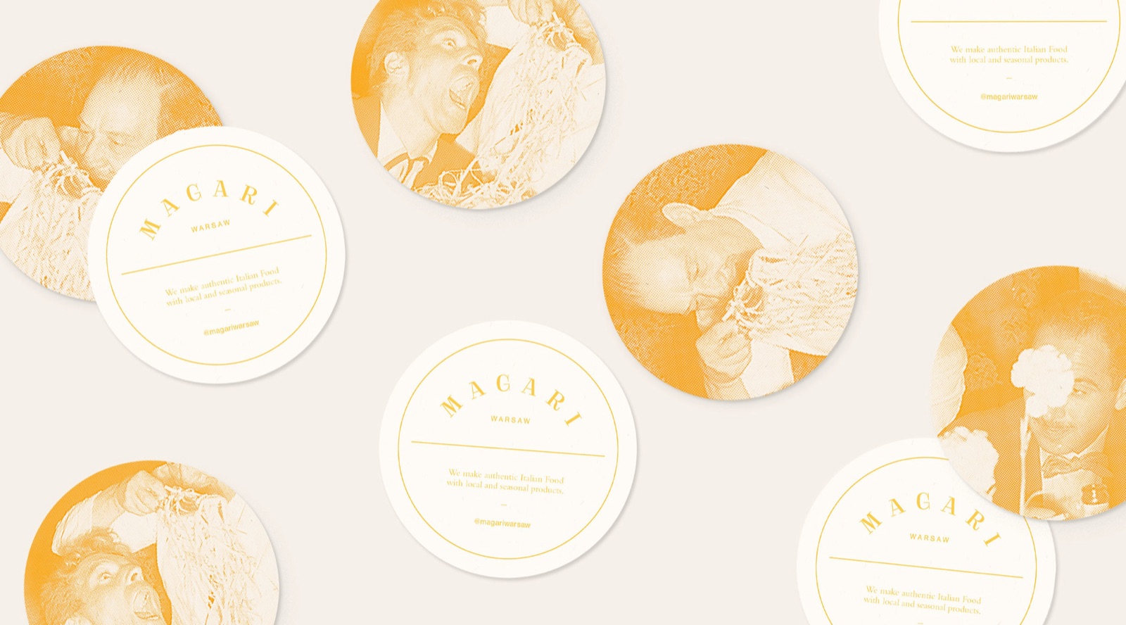 Magari coasters with yellow duotone illustrations and Magari logo