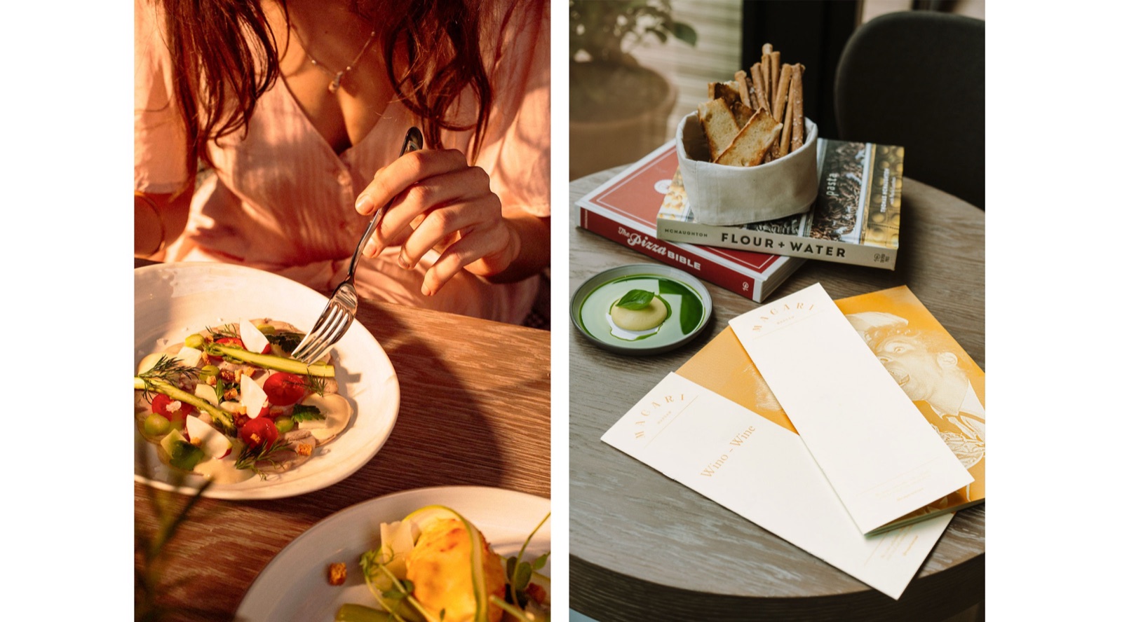 Guest dining at Magari next to Magari menus and bread on a table