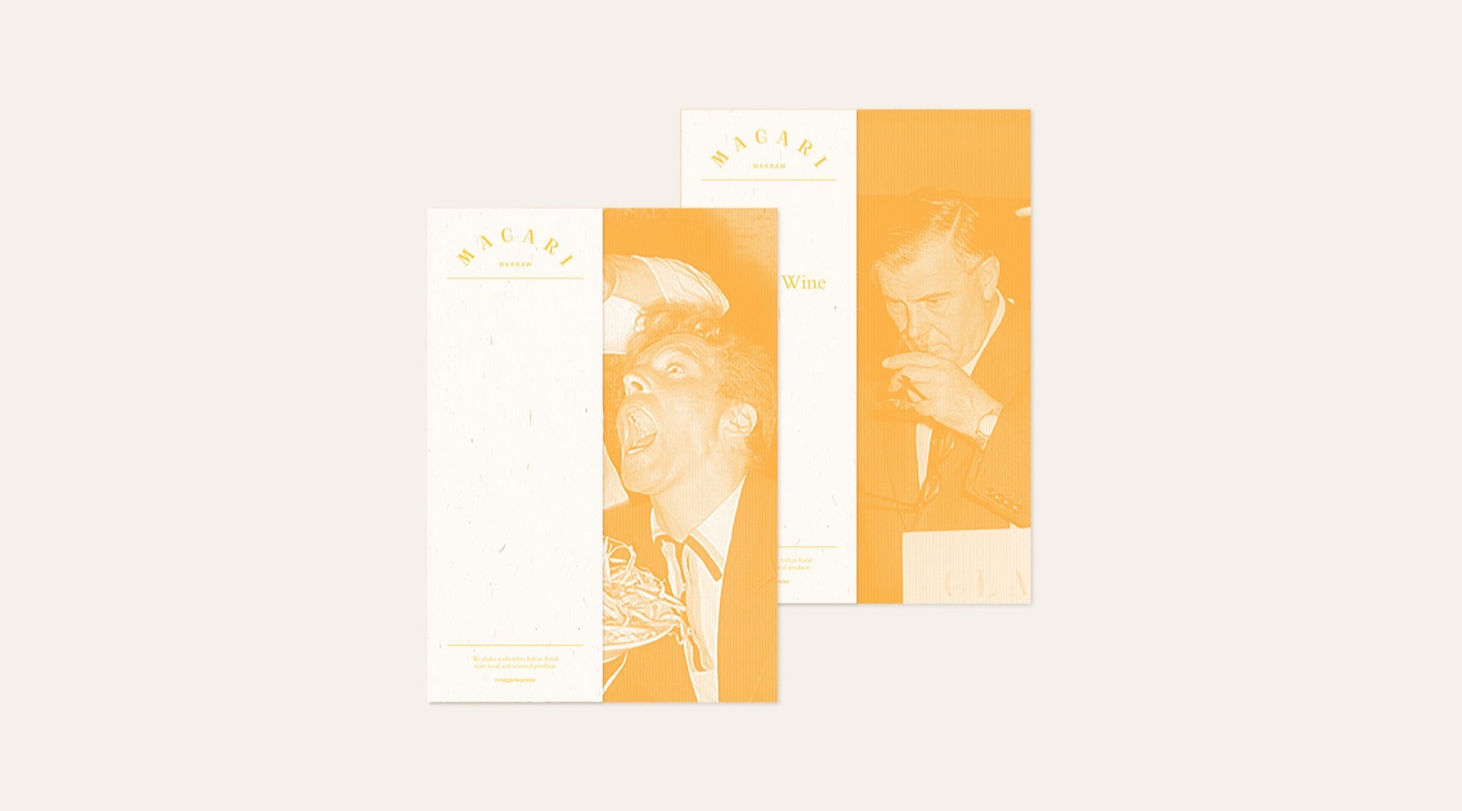 Two Magari menu covers with yellow duotone portraits