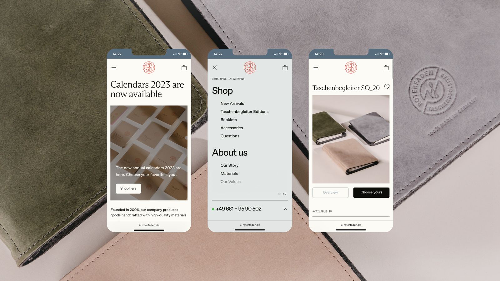 Three Roterfaden website screens on mobile over leather Taschenbegleiter covers