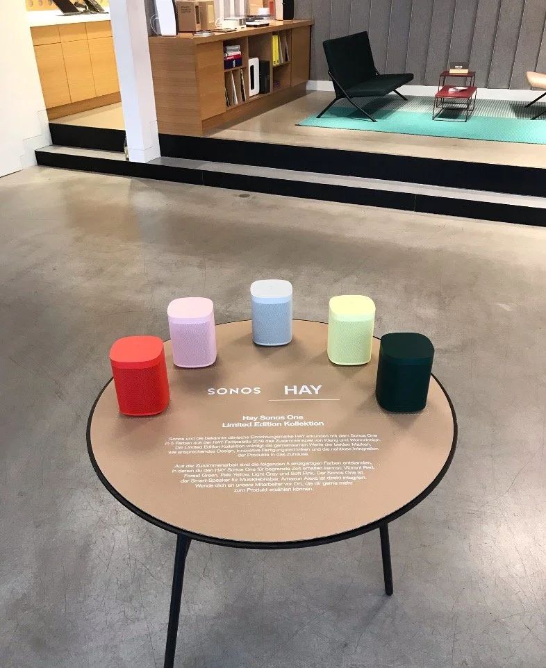 HAY x Sonos One edition on a round display table in a Berlin store