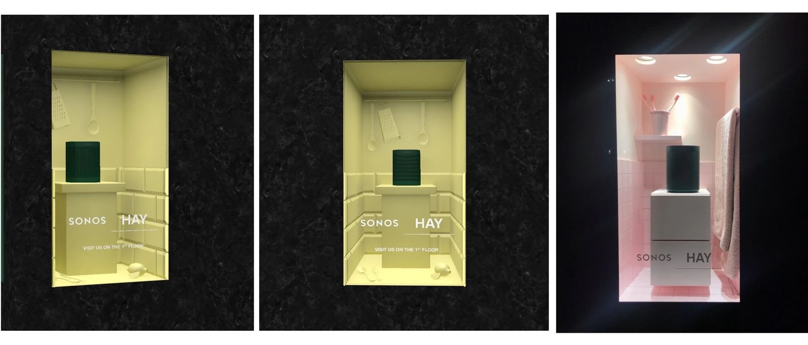 Three retail window displays for HAY x Sonos One in green, yellow and pink