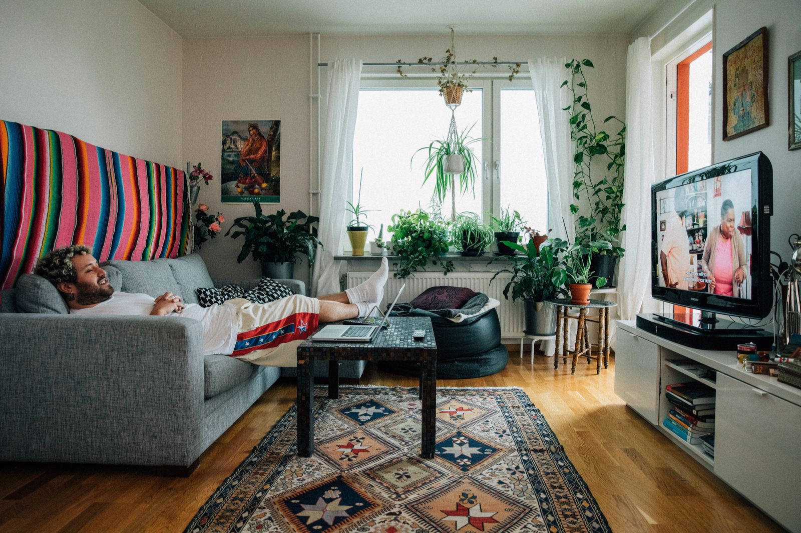 Bright Stockholm living room with a striped throw, plants and a television on a low sideboard