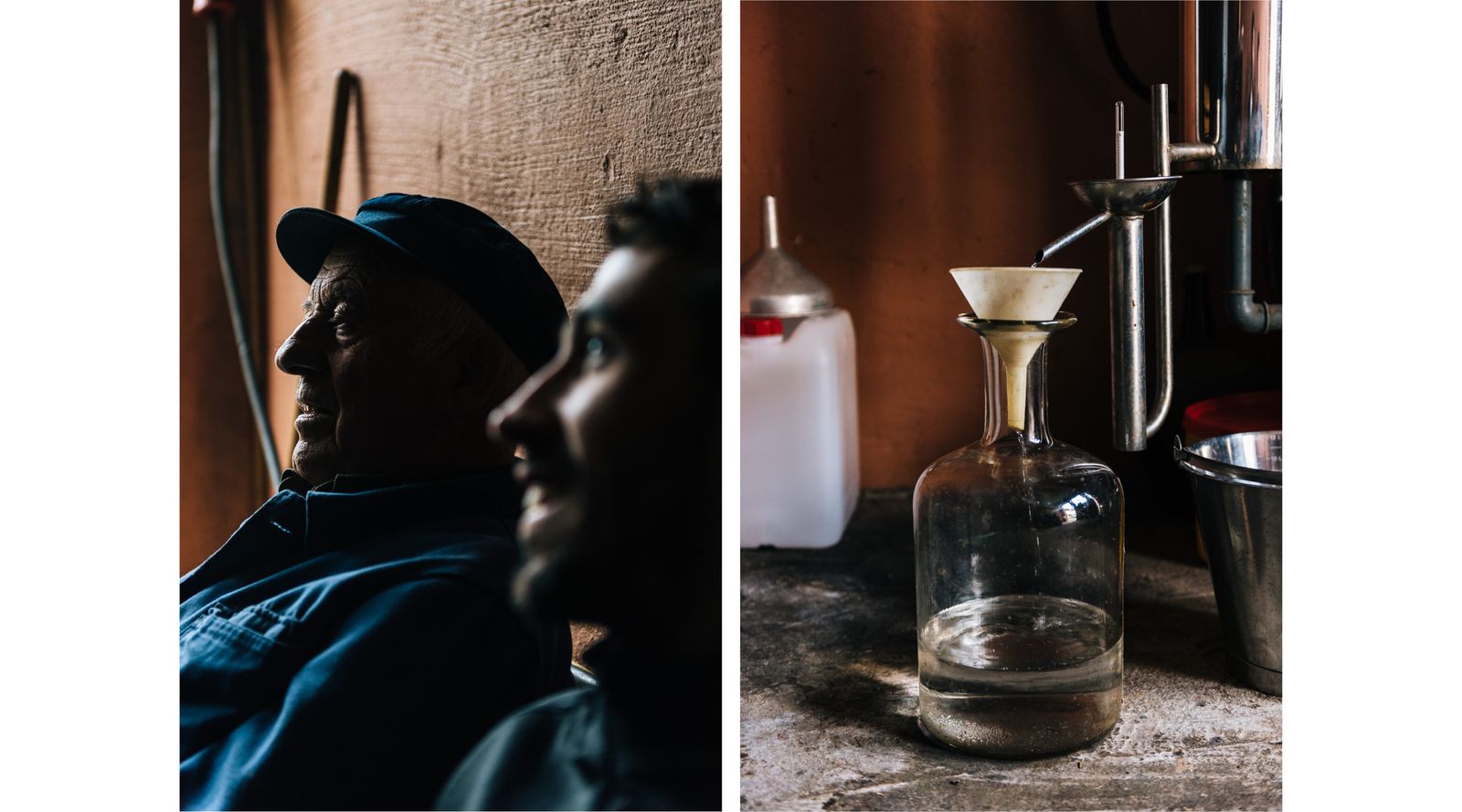 Two generations of distillers in profile and a glass jug at the still