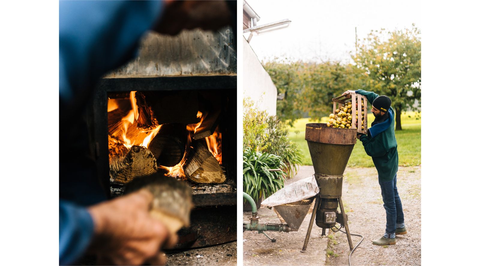 Wood fire under the still and apples tipped into the mill