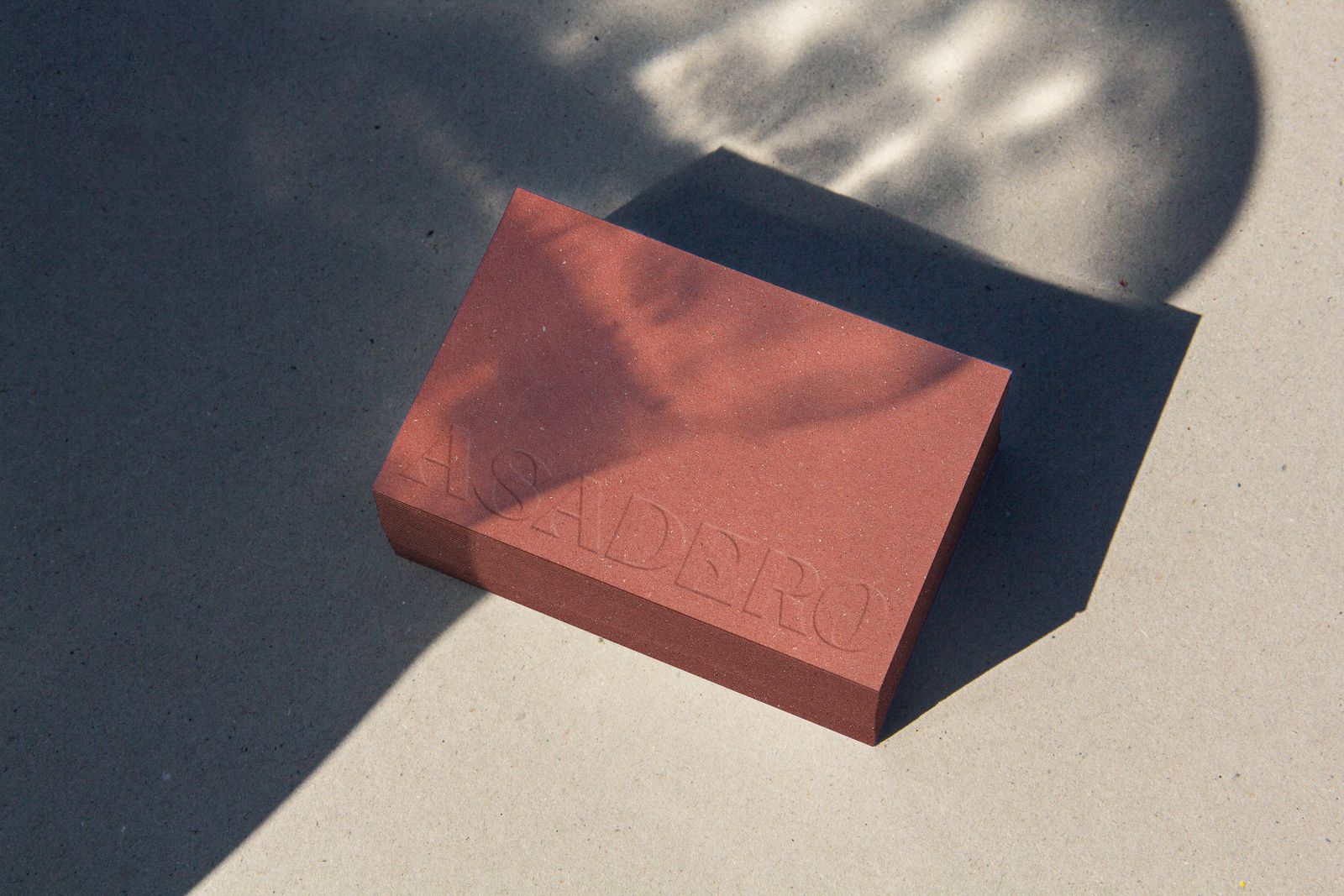 Red Asadero box with embossed logo lying in hard shadow