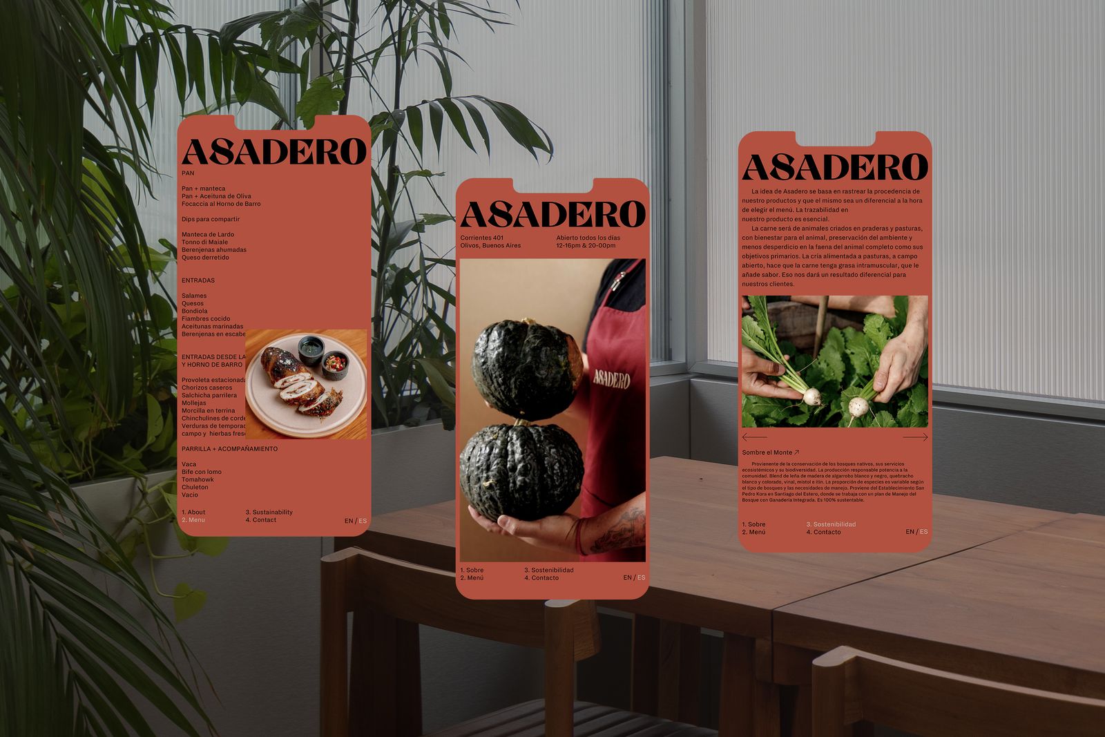 Three Asadero mobile website screens shown inside the restaurant