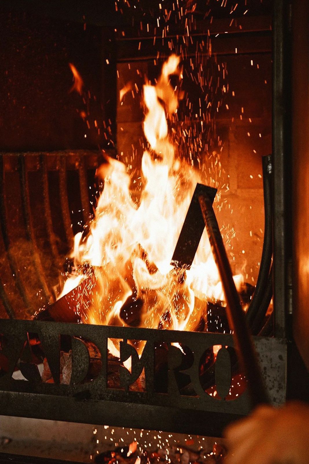 Wood fire burning in the Asadero grill with the logo cut into the steel