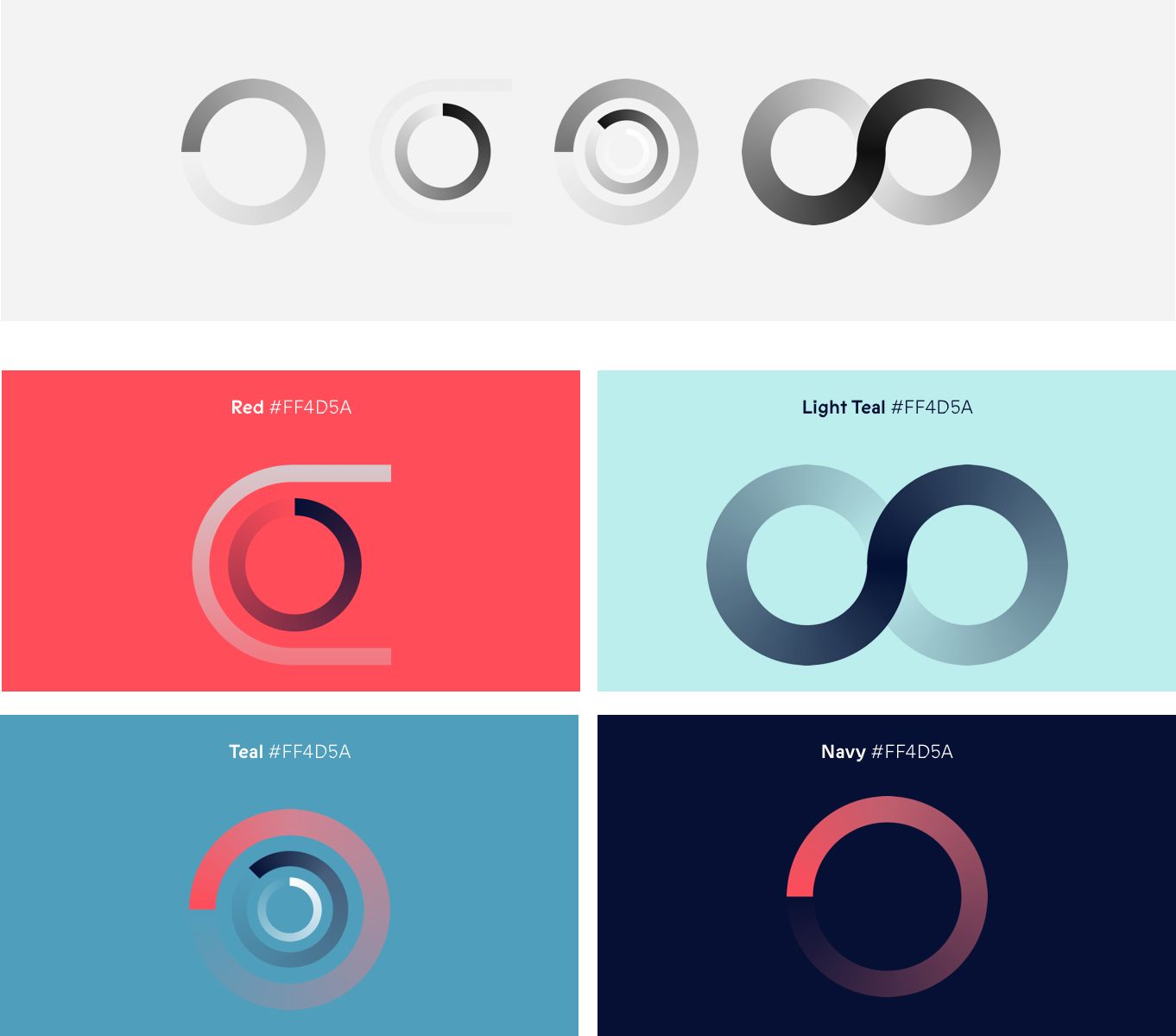 ctrl QS abstract ring illustrations on red, light teal, teal and navy