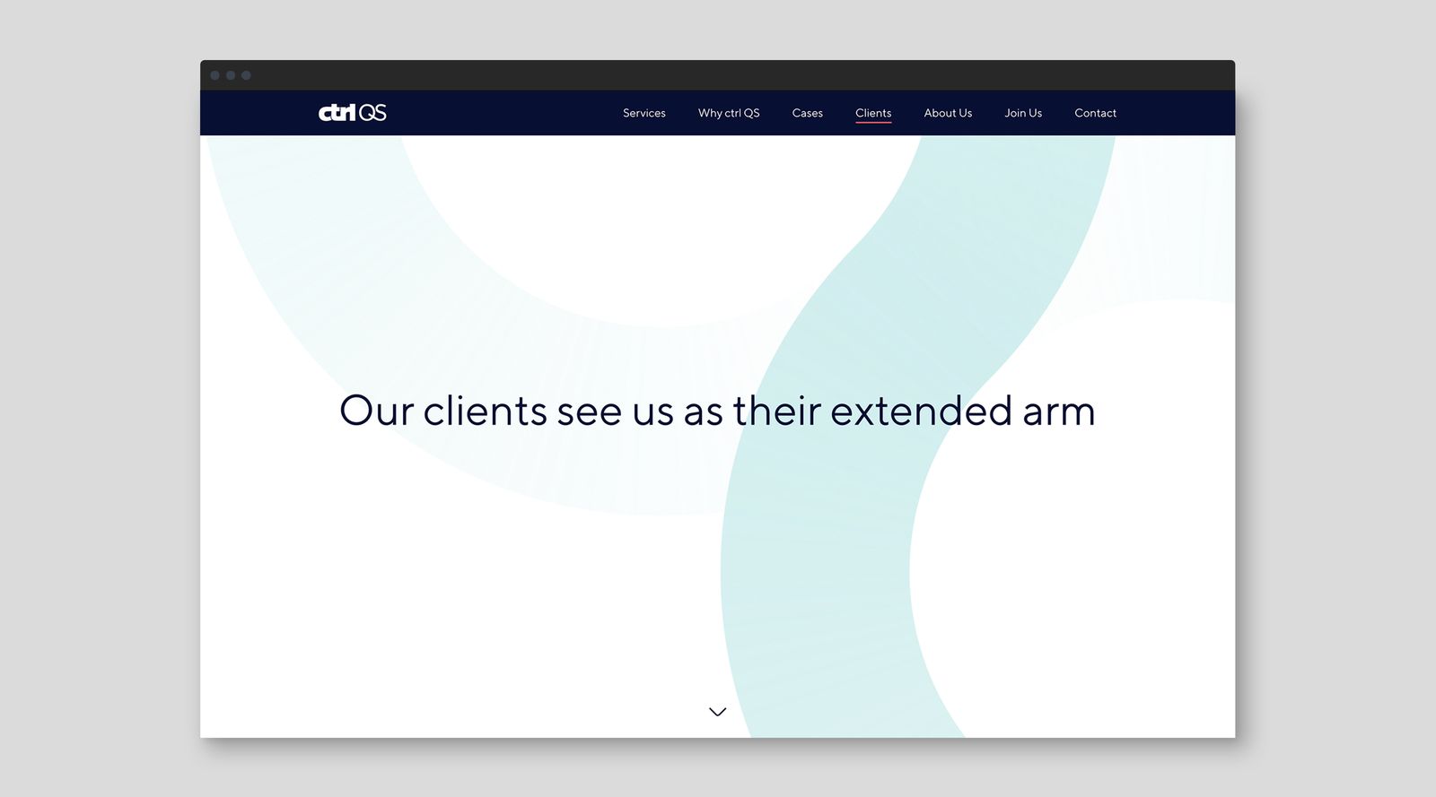 ctrl QS clients page in a browser window, white with a light teal curve