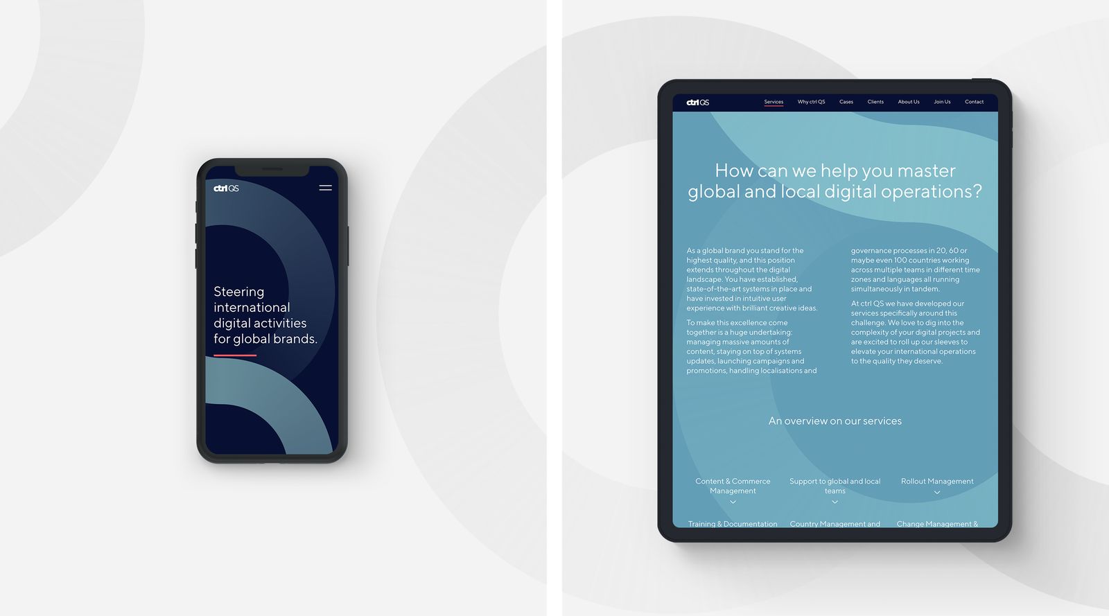 ctrl QS website on a phone and a tablet in navy and teal