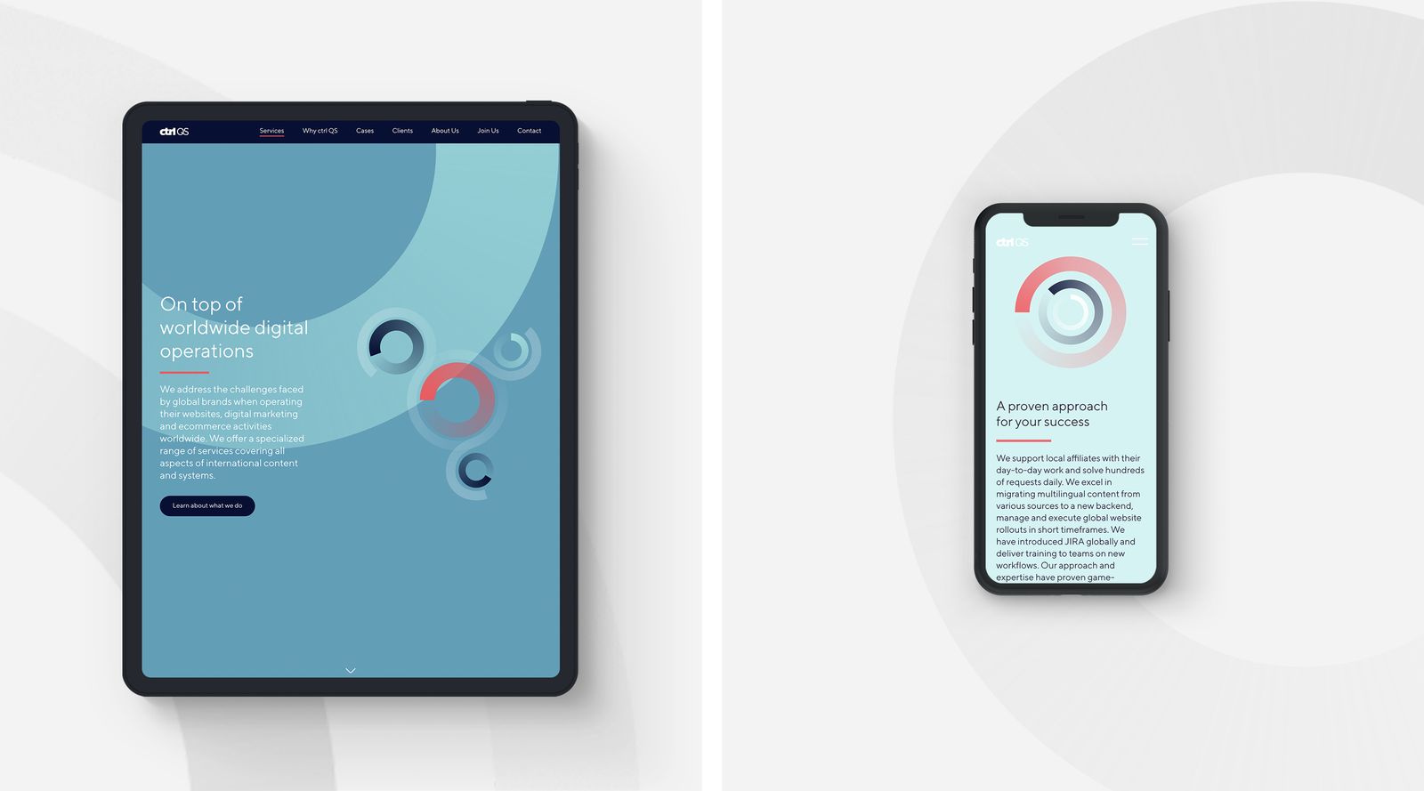 ctrl QS website on a tablet and a phone in light blue with ring illustrations