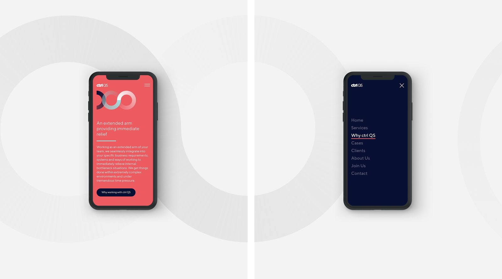 ctrl QS mobile website on two phones, red service page and navy menu