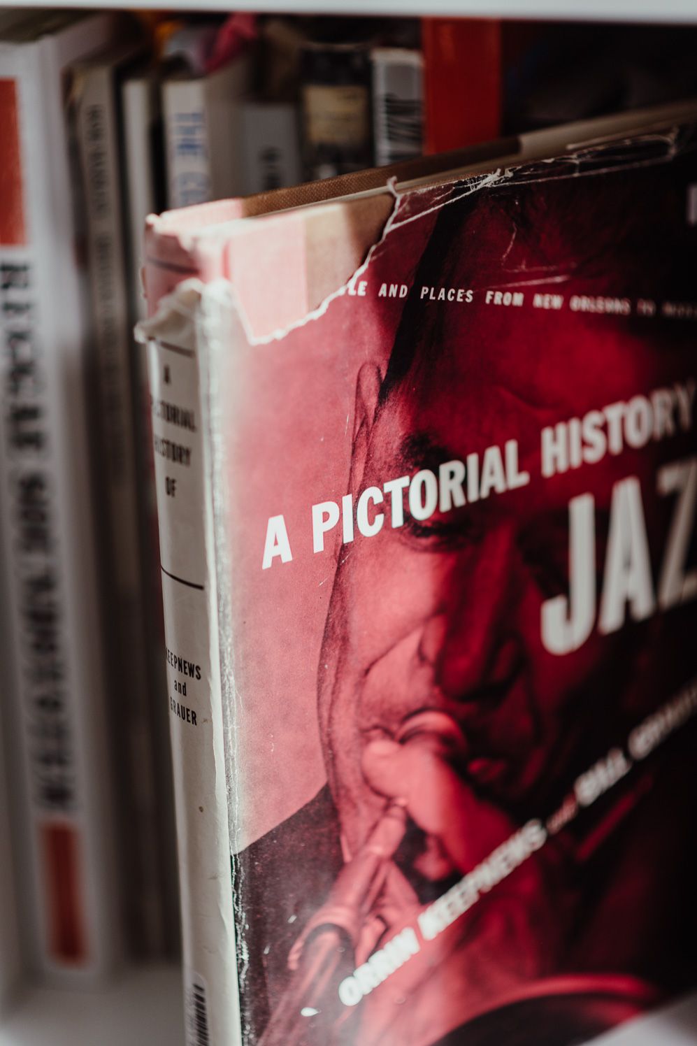 Book on the pictorial history of jazz on a studio shelf