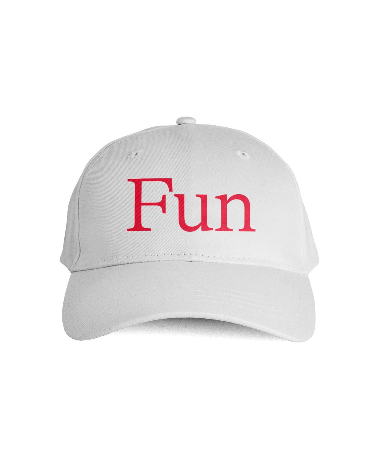 White cap embroidered with the word Fun in red