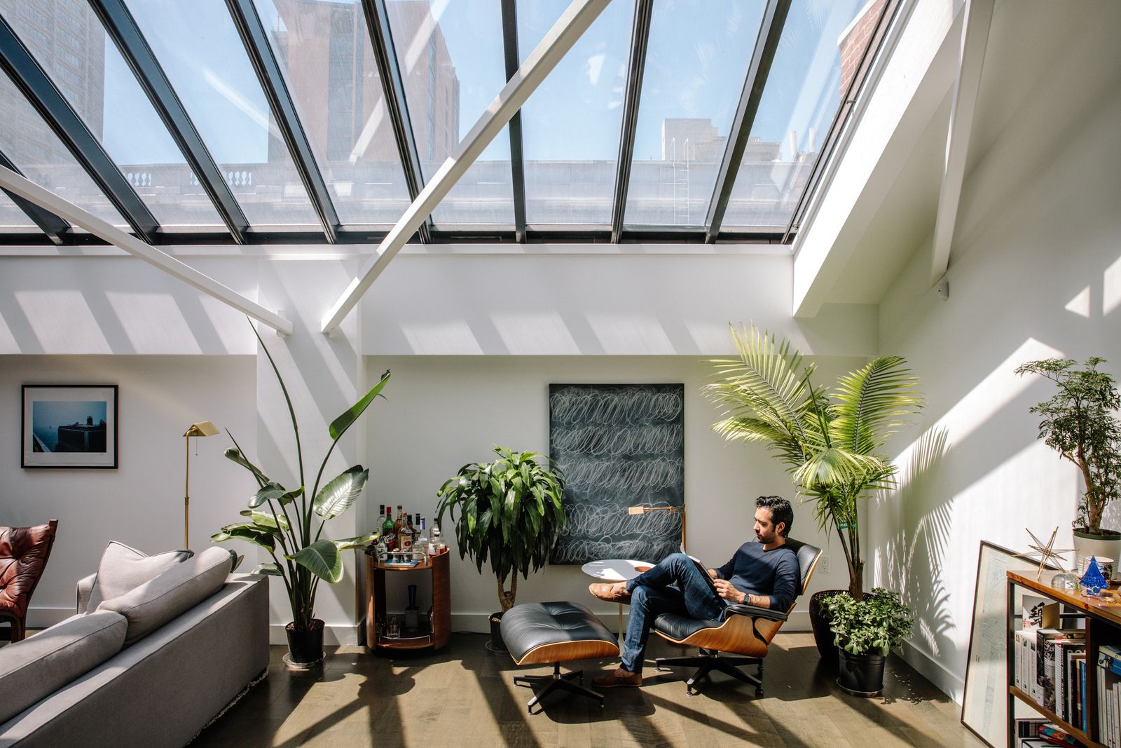 Sunlit living room under a glass skylight with plants and a lounge chair, San Francisco