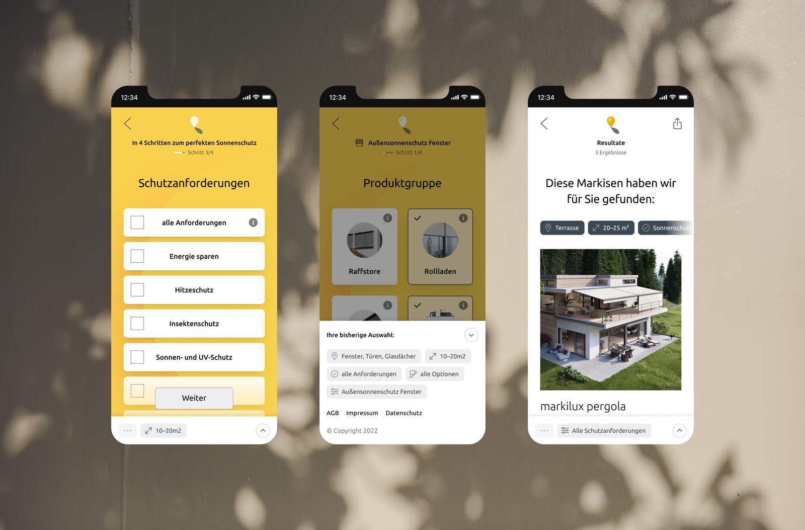 Three Schattenfinder mobile screens: requirements, product group and matching results