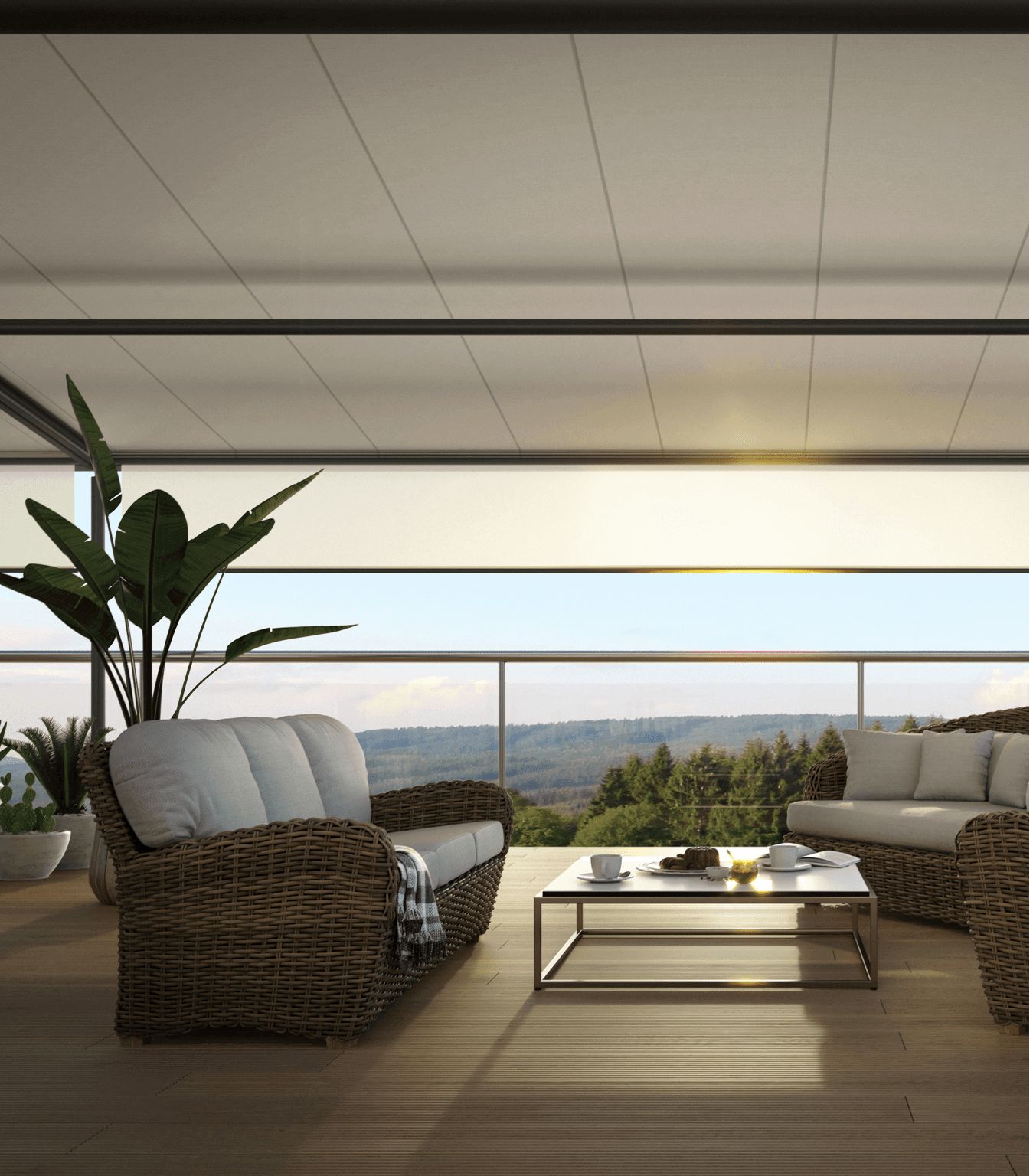 Terrace with wicker sofas under a retractable awning, looking out over a valley